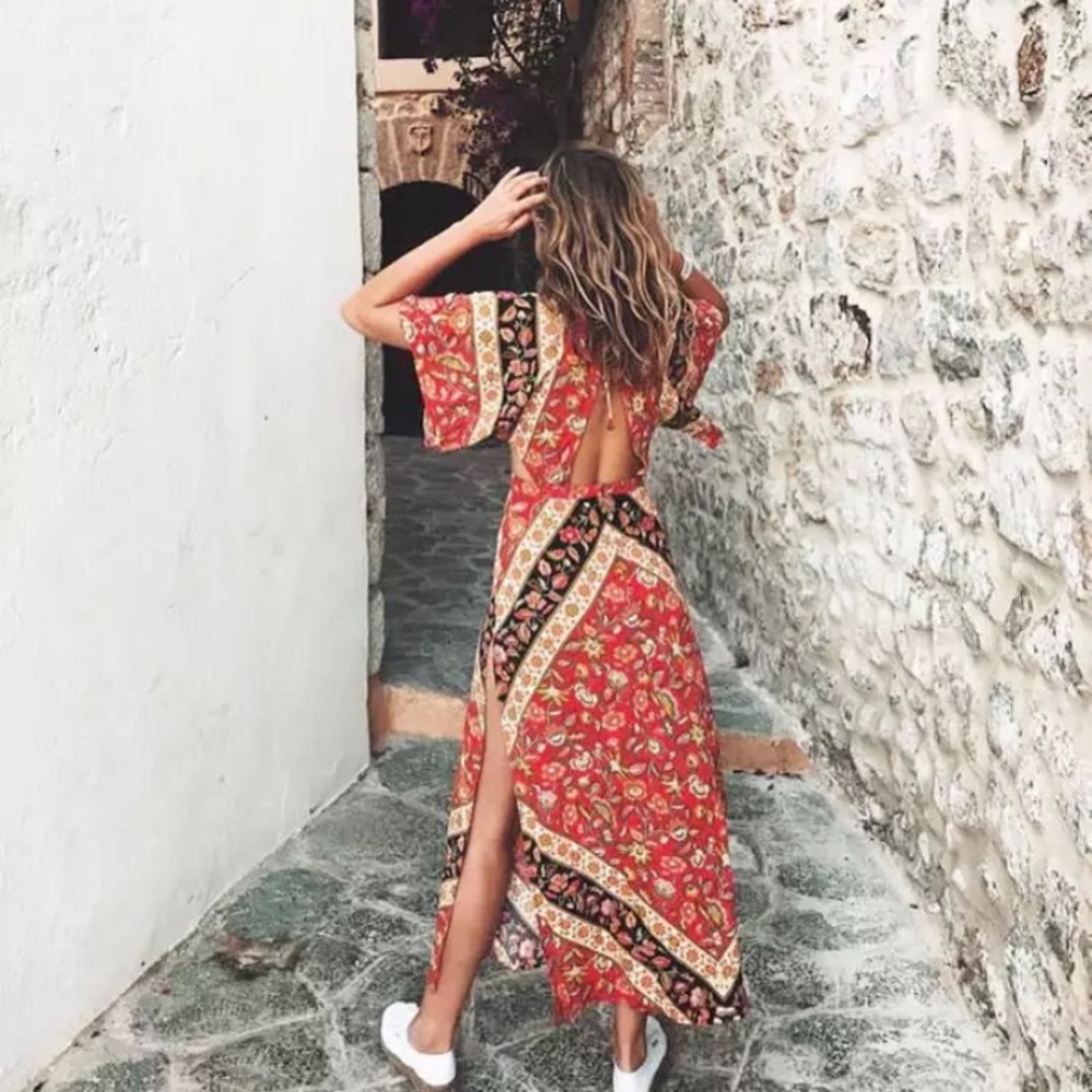 SOLD OUT Red Bohemian Floral Open Back Kimono Maxi Dress - Picture 4 of 5